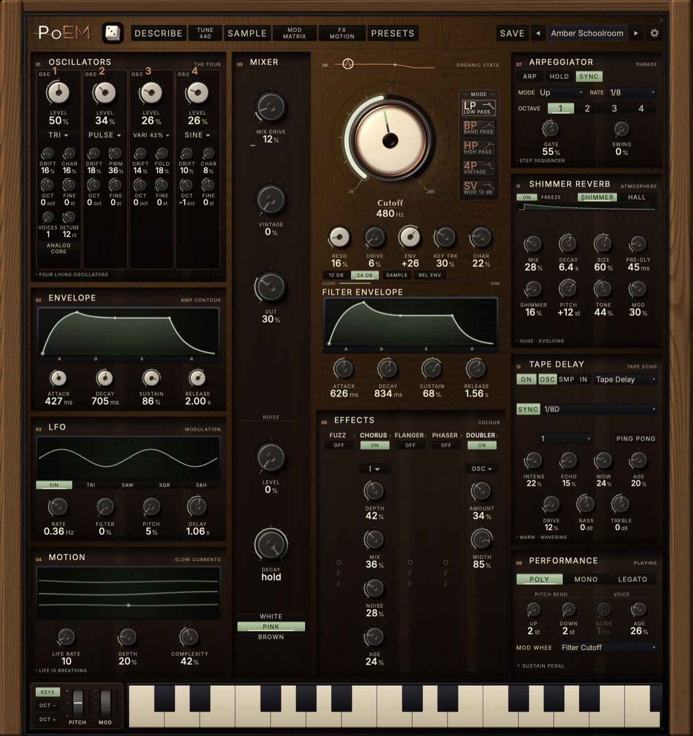The POEM interface: oscillators, mixer, a large ivory cutoff dial, arpeggiator, Shimmer Reverb, Tape Delay and an effects rack on a walnut panel